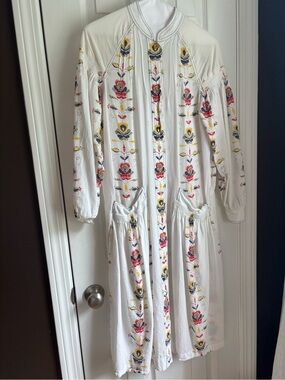 Warm White Maxi Dress with Red and Yellow Floral Embroidery